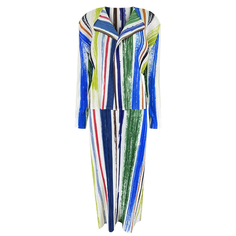 Pleated Striped Print Long Dress Jacket Two Piece Sets Korean Fashion Women Formal Dress Suits