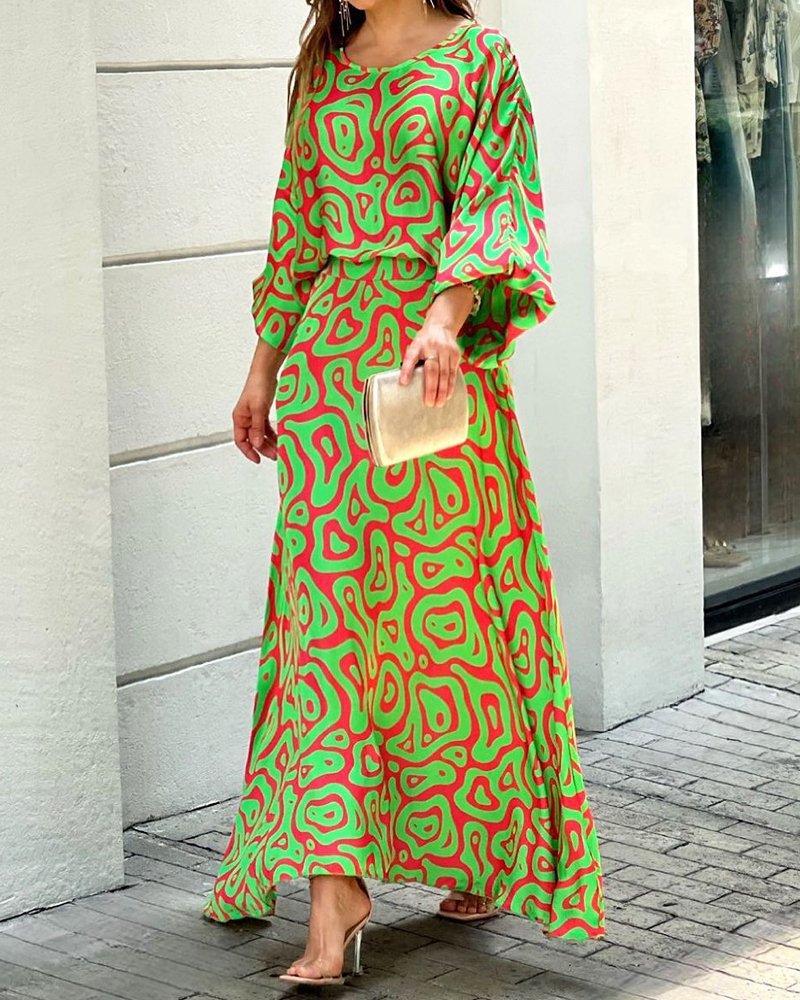 Women's Summer New Loose Plus Size Printed Long Sleeve Tops High Waiste Half-Length Skirt Suits