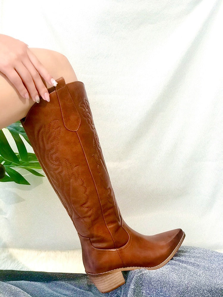 Women Western Boots Winter White Knee High Shoes Platform Chunky Comfy Vintage Comfy Embroidery