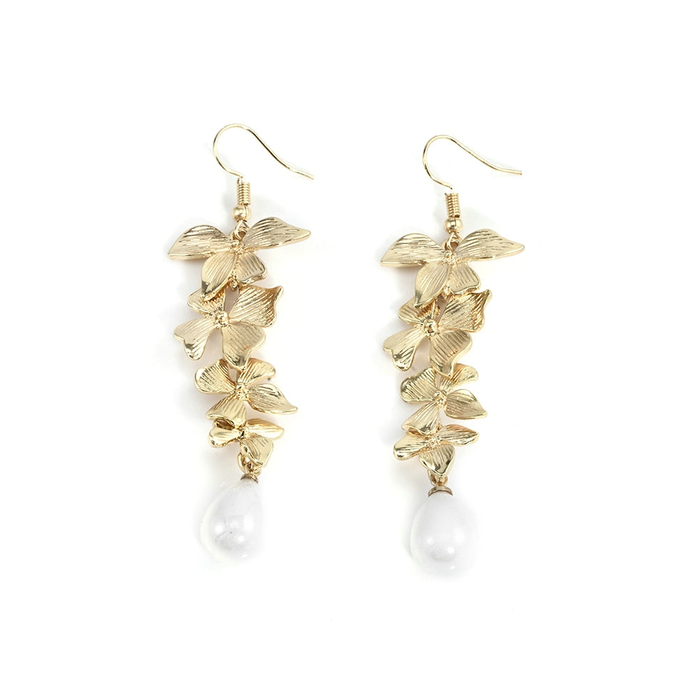 Women Lady Gold Orchid Matte Flower Pendant Long Dangle Hook Earrings Jewelry Gift