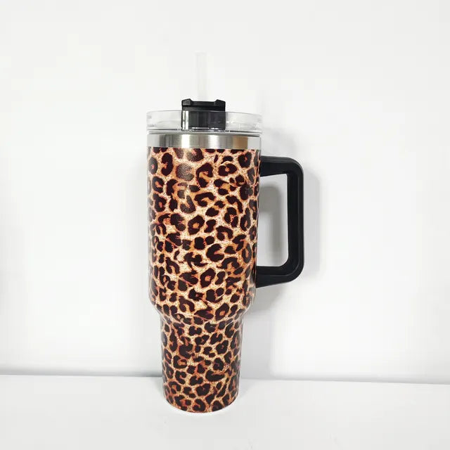 Cow Print Insulated Tumbler With Lid And Straw,Stainless Steel Coffee Tumbler with Handle,Double Vacuum Leak Proof Mug