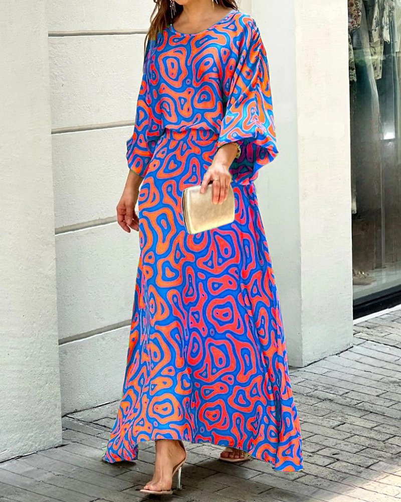 Women's Summer New Loose Plus Size Printed Long Sleeve Tops High Waiste Half-Length Skirt Suits