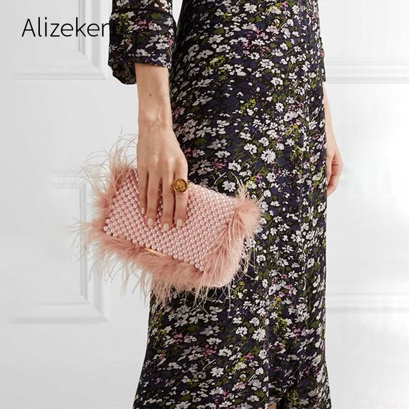 Faux Fur Pearl Evening Clutch Bag Women Handmade Pink Beaded Cover Dinner Party Purses Handbag Female Popular Cute Shoulder Bag