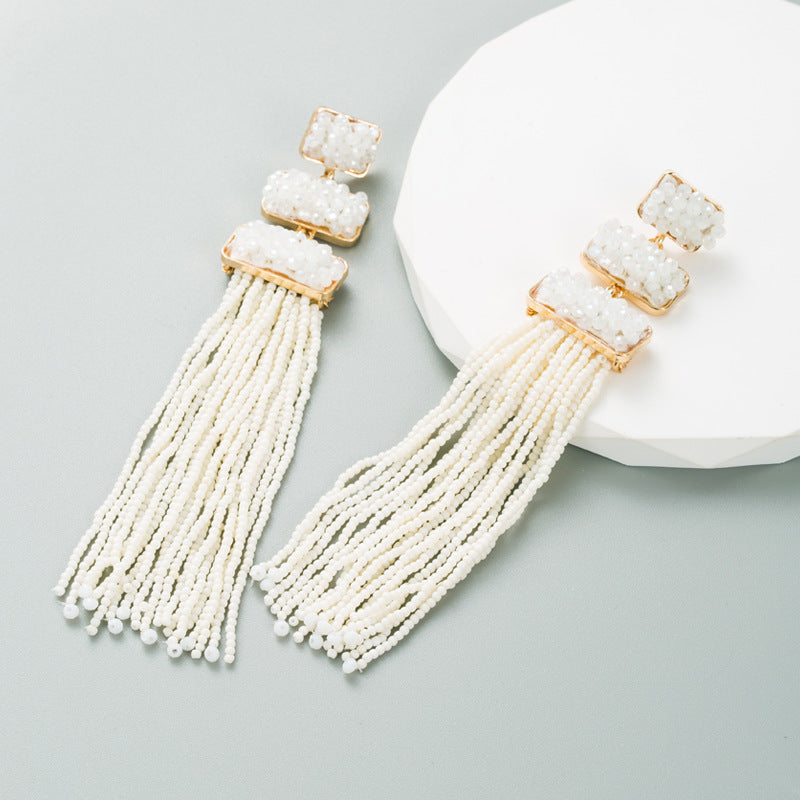 Exaggerated Earrings Female Trend Bohemian Style Rice Bead Earrings Long Temperament Earrings