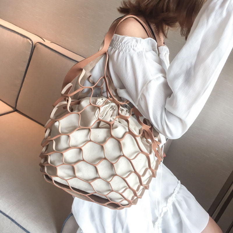 Yesello Personality Hollow Bag Beach Net Drawstring Combination Shoulder Bag Summer Totes Hand Bags Travel Handbags
