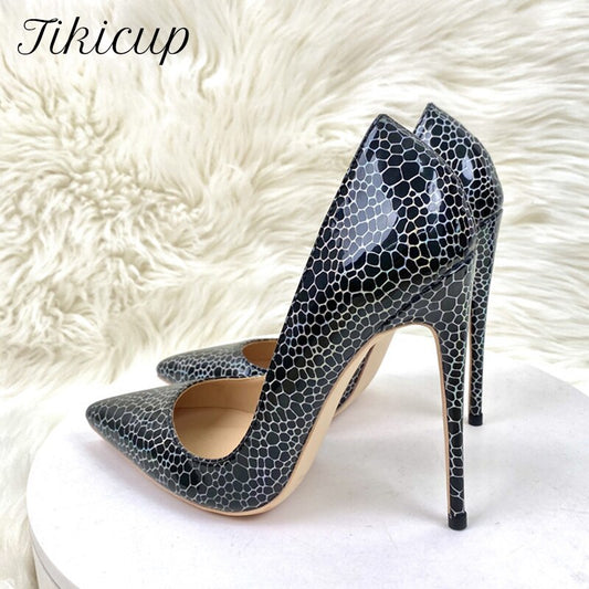 Tikicup Geometry Pattern Print Women Black Patent Pointy Toe High Heel Celebrity Party Shoes Sexy Slip On Stiletto Pumps