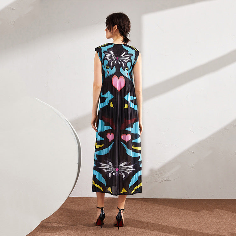 Summer Pleated Printing Dress for Women Round Neck Short Sleeve High Waist Casual Female Elegant Dresses