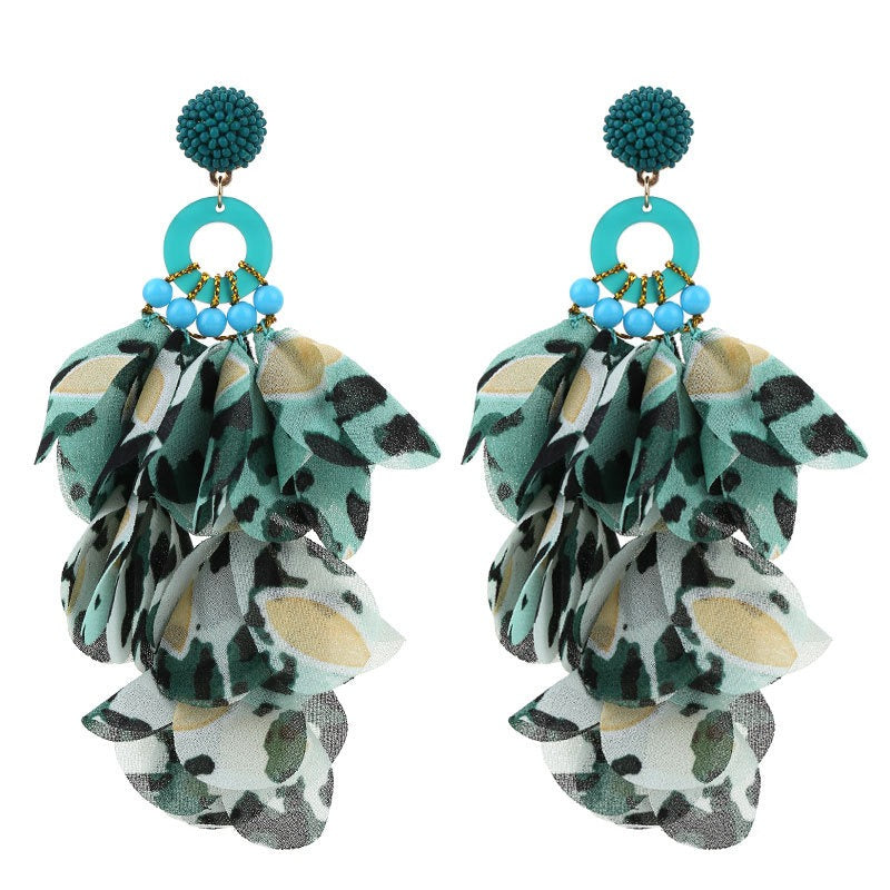 Handmade fabric floral earrings with exaggerated leopard print tassel earrings