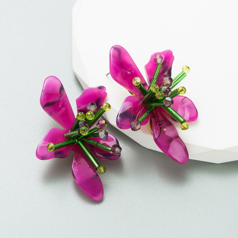 ZA Fresh Colorful Acrylic Flower Earrings Exaggerated Hand-Woven Flower Petal Earrings