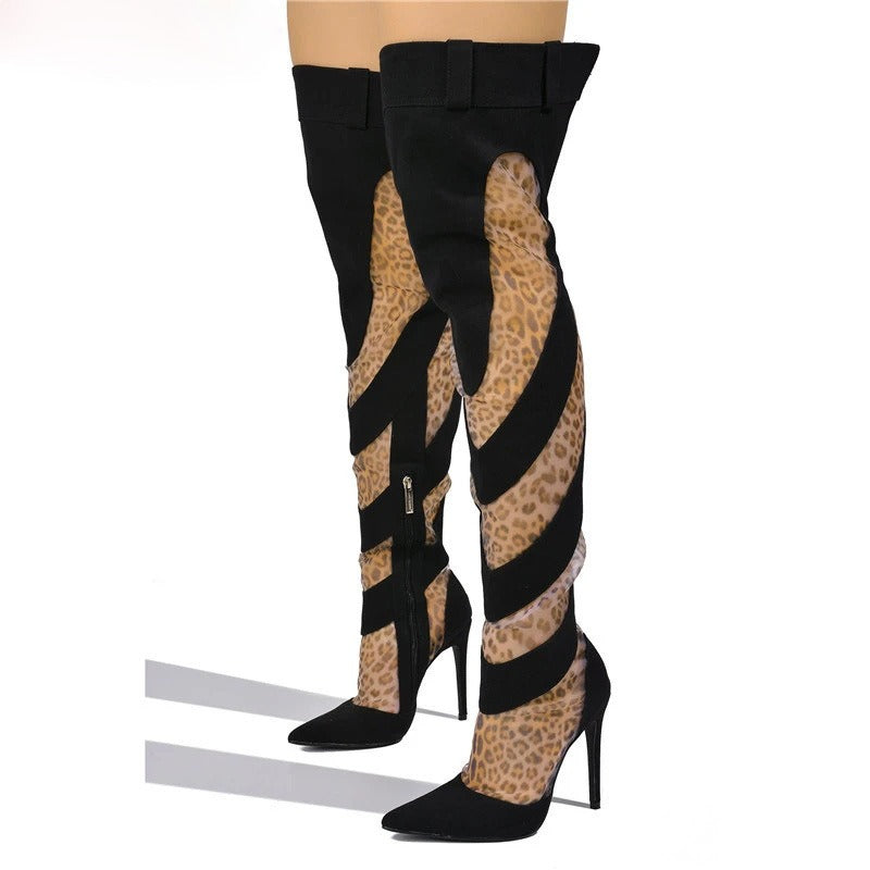 Fashion Denim Mesh Patchwork Thigh High Boots Women Autumn Pointed Toe Overknee Boots Sexy Ladies