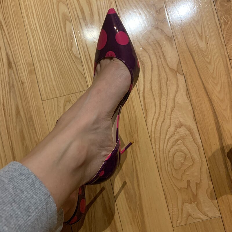 Fuchsia Polka Dot Women Purple Patent D'Orsay Pointy Toe High Heel Party Wedding Shoes Elegant Stiletto Pumps 8-12cm