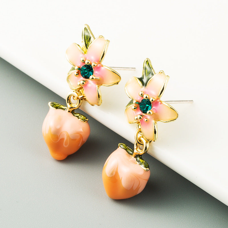 Peach Earrings Female New Net Red With The Same Korean Version Sweet And Cute Peach S925 Flower Temperament Earrings