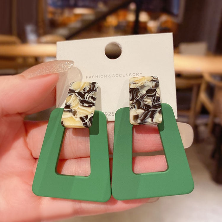 High sense of retro green geometric stitching earrings female niche design sense of atmospheric exaggerated earrings new