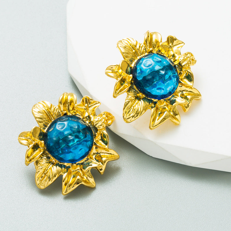 Ins Exaggerated Earrings Feminine Resin Earrings Alloy Simple Flower Shaped Gold Earrings