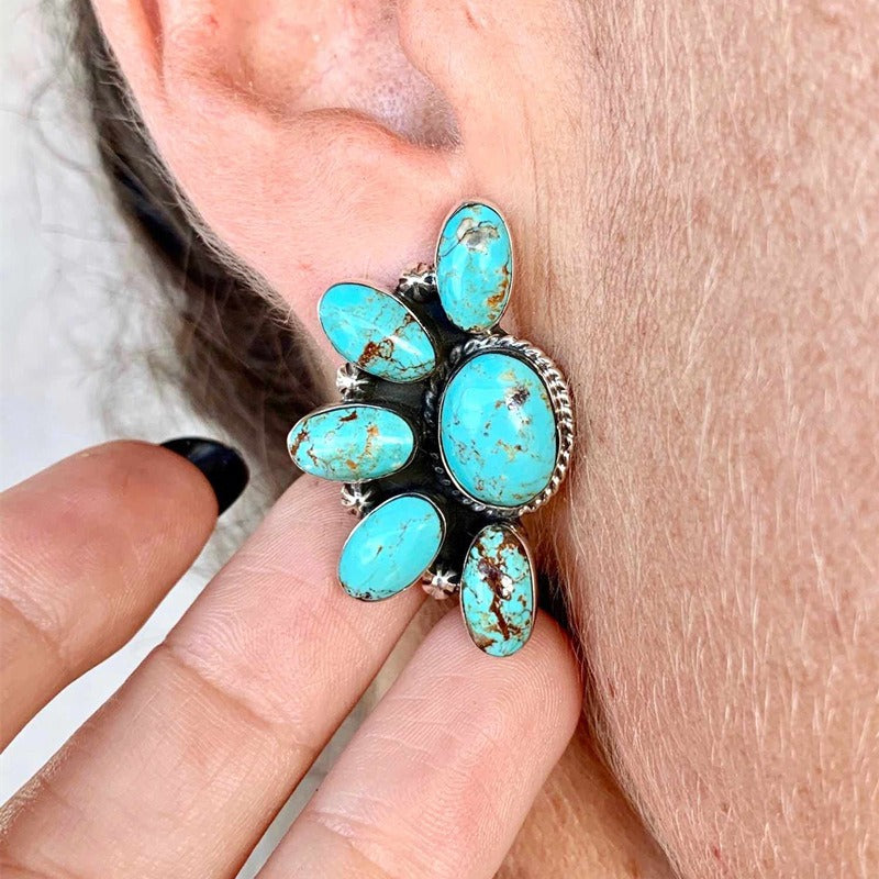 Bohemian Style Retro Geometric Flowers With Turquoise Exaggerated Earrings Earrings