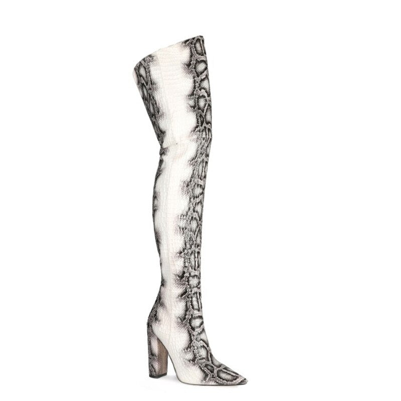 White Boots Women 11Cm Thick High Heel Snakeskin Boots Fashion Special Leather Winter Shoe Over The Knee Boots Stone Snake Print