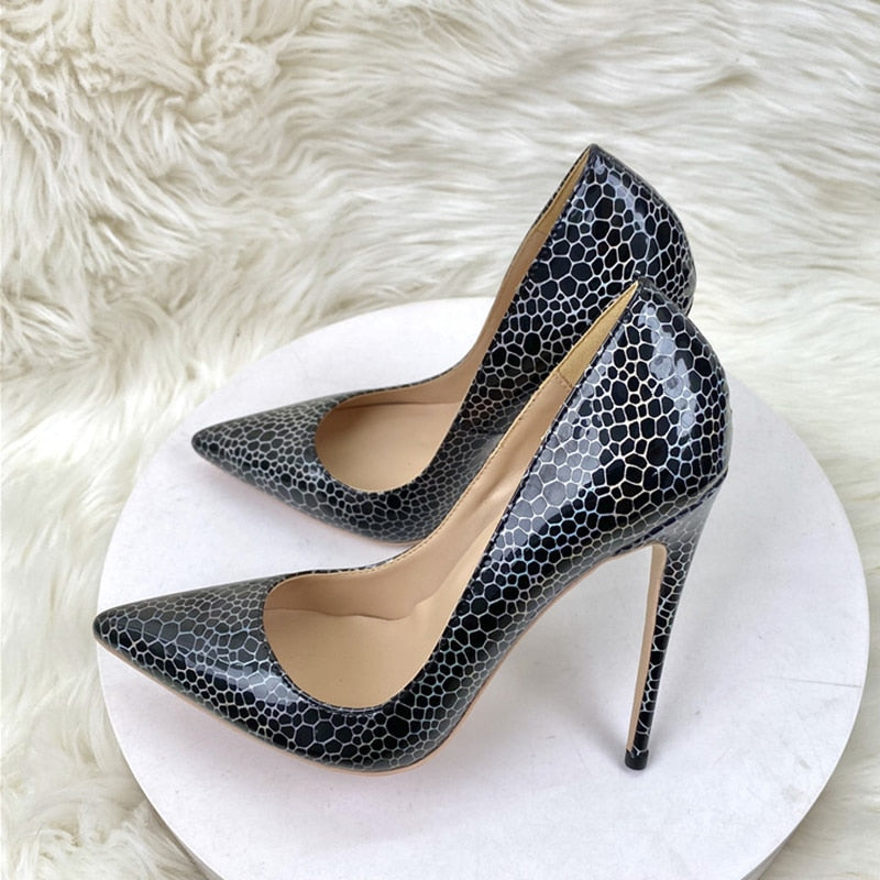 Tikicup Geometry Pattern Print Women Black Patent Pointy Toe High Heel Celebrity Party Shoes Sexy Slip On Stiletto Pumps