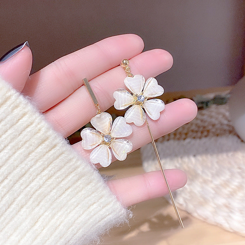 S925 Silver Needle Flower Asymmetric Earrings Women's Fashion Earrings Temperament Long Acrylic Immortal Flower Earrings