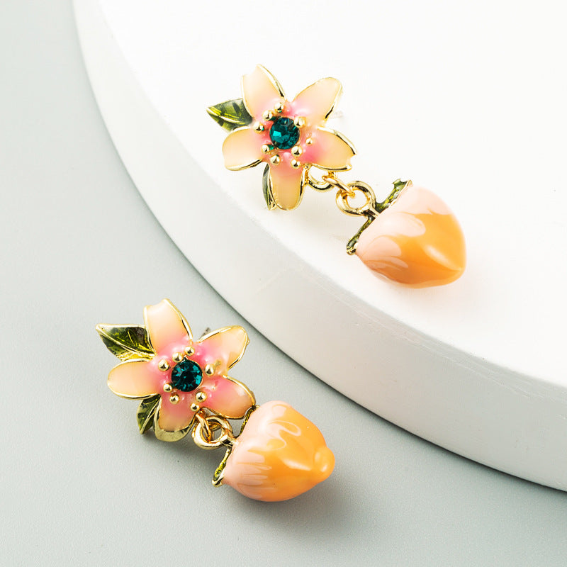 Peach Earrings Female New Net Red With The Same Korean Version Sweet And Cute Peach S925 Flower Temperament Earrings