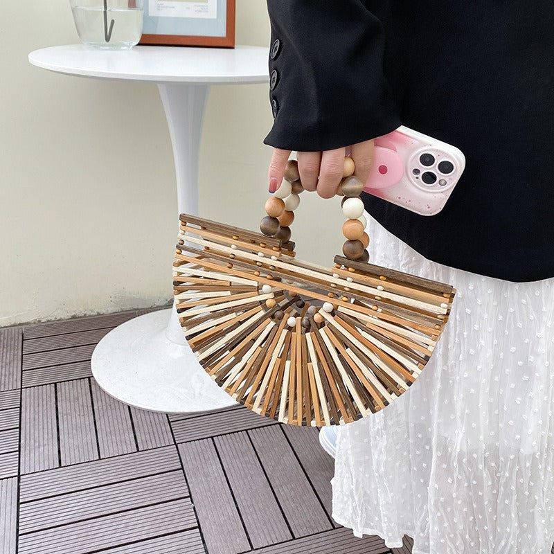 INS Super Fire Grass Woven Bag Women's New Colored Beaded Handheld Bamboo Woven Bag Women's Small Beach Bag