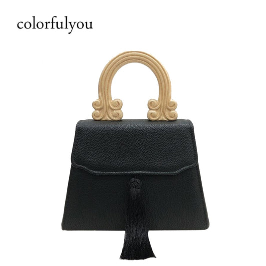 Vintage Tassel Handbag with Wooden Handle Women Black PU Leather Handbags Dinner Clutch Bag for Ladies Tote Bag
