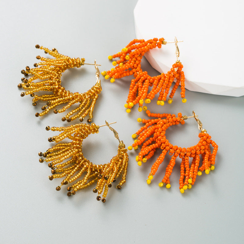 Ins Fashion Alloy Studded Rice Bead Earrings Bohemian Advanced Tassel Earrings