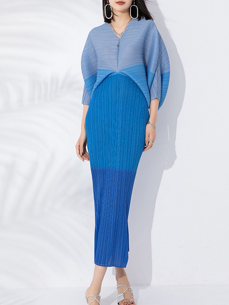Elegant Pleated Dress For Women V-neck Batwing Sleeves Contrast Color Patchwork Dresses Female Clothes
