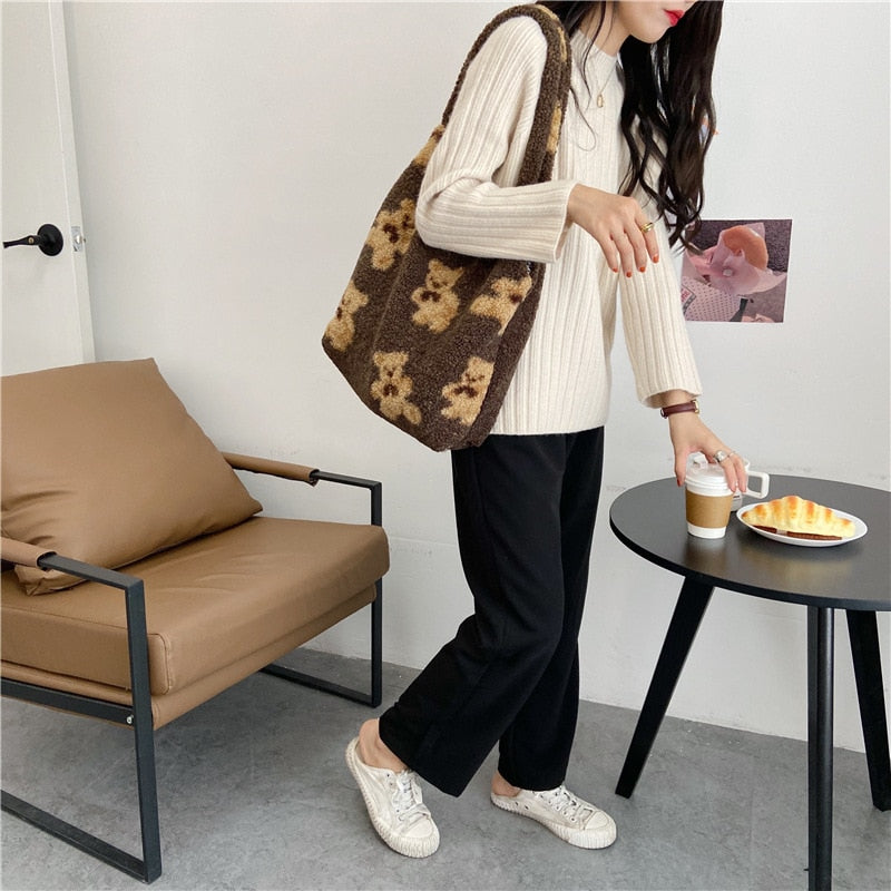 Women Lamb Like Fabric Shoulder Tote Bag Canvas Fluffy Fur Bear Handbags Large Capacity Soft Shopping Bags Girls Cute School Bag