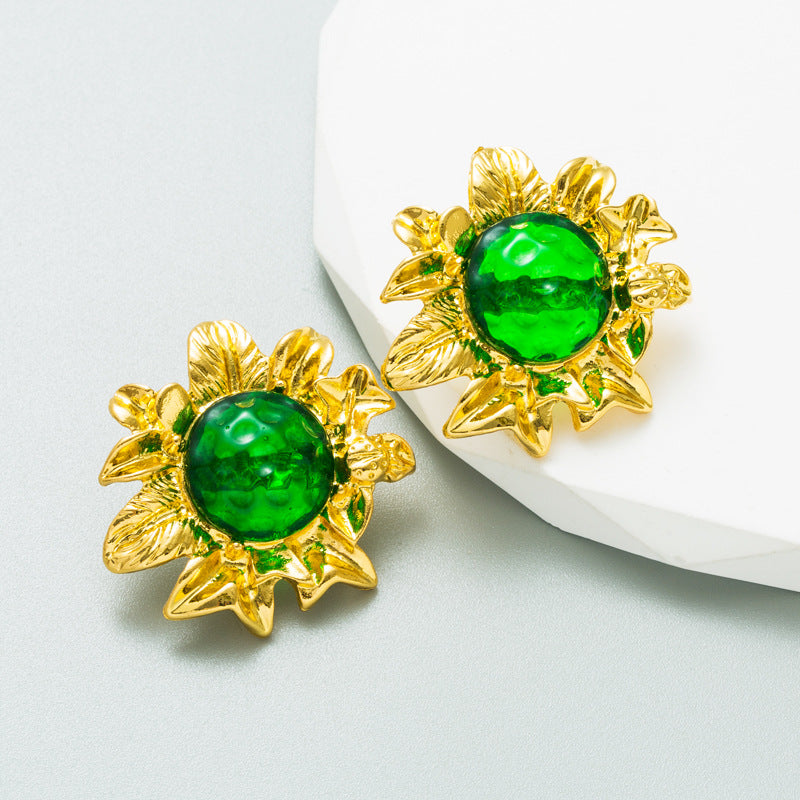 Ins Exaggerated Earrings Feminine Resin Earrings Alloy Simple Flower Shaped Gold Earrings