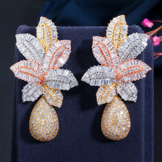 S925 Silver Needle Atmospheric Ladder Cubic Zircon Three-Color Electroplating Earrings Tropical Pineapple Large Earrings