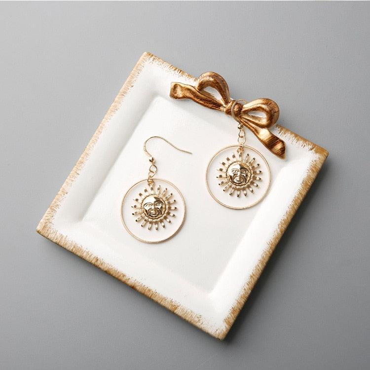 Handmade Gold Sun Apollo Helios Drop Earrings Geometric Loop Sun Face Dangle Earrings for Women