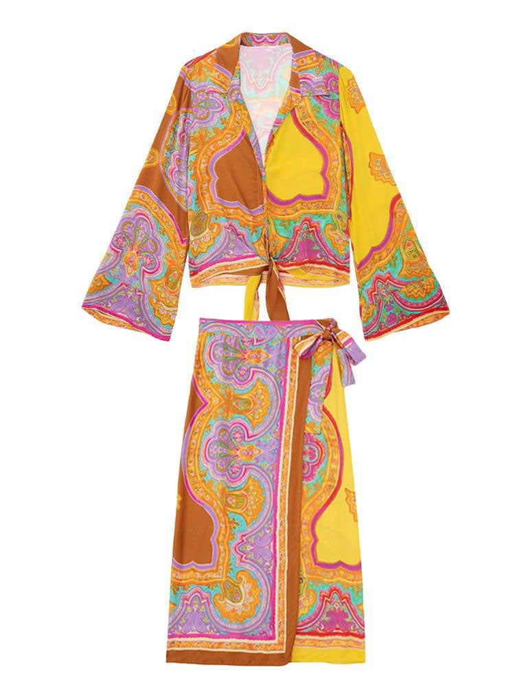 Summer Women Printed Suits Traf Knot Casual Blouses V Neck Loose Shirt + Midi Skirt 2 Piece Sets Female Chic Tops