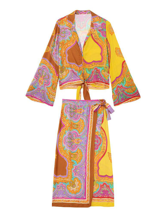 Summer Women Printed Suits Traf Knot Casual Blouses V Neck Loose Shirt + Midi Skirt 2 Piece Sets Female Chic Tops