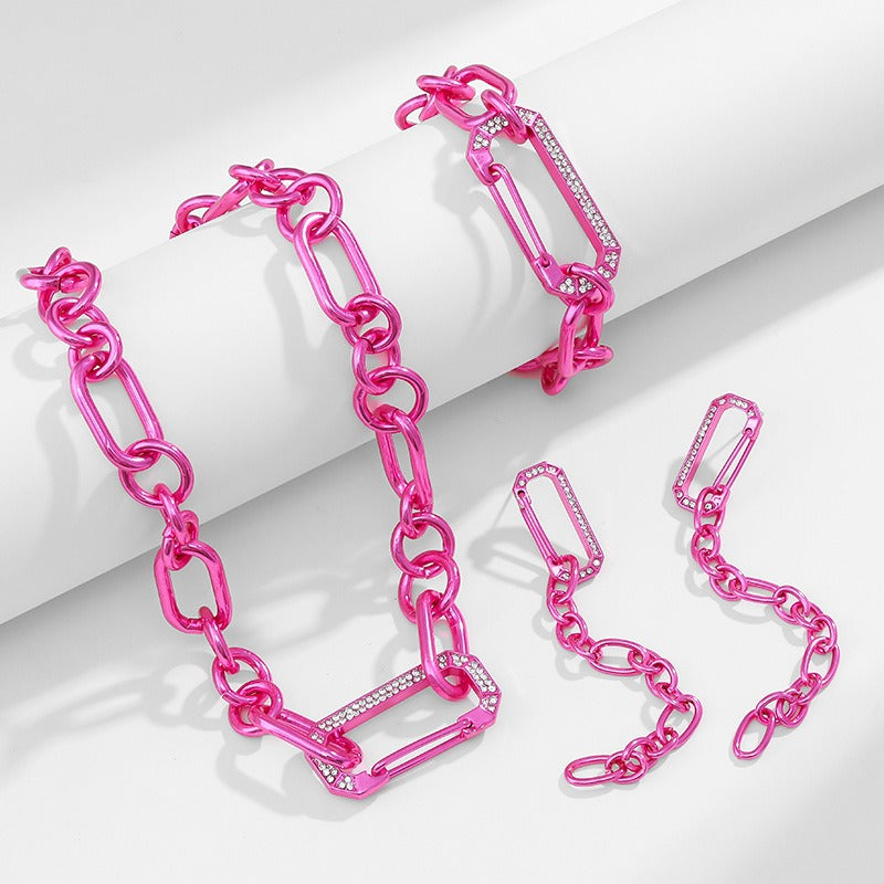 Kenjay Digital Color Thick Chain Fushica Pink Chunky Chain Earrings Necklace Bracelet Set