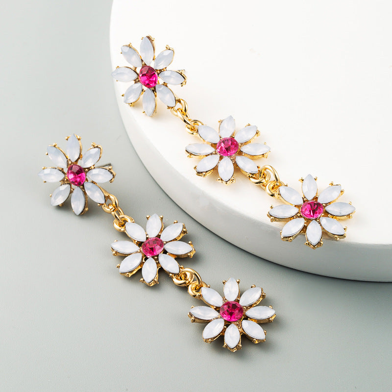 Personality Exaggerated Multi-Layer Alloy Inlaid Rhinestone Flower Earrings Ladies Long Temperament New Earrings