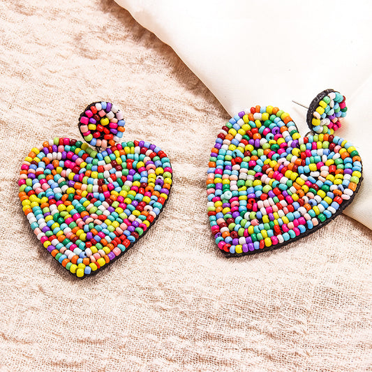 Creative National Style Earrings Women's Color Love Earrings Bohemian Handmade Cloth Heart-Shaped Rice Bead Earrings