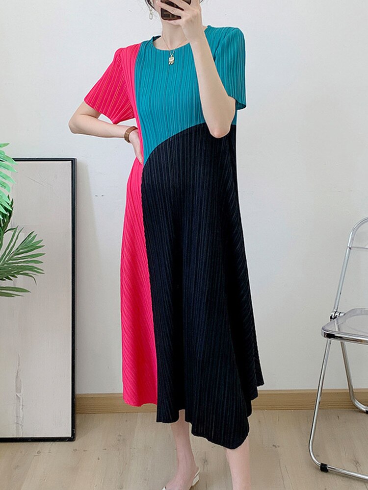 Pleated Dress For Women Contact Color Round Neck Short Sleeves A-line Dresses Casual Female Clothing