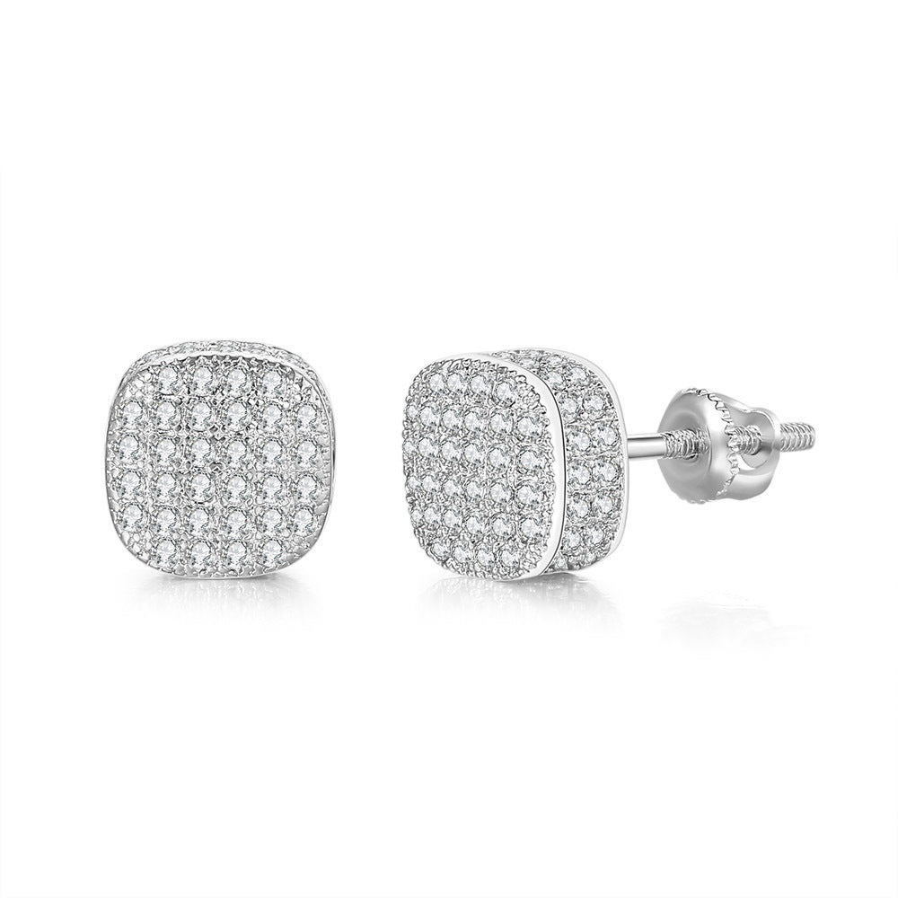 Hip Hop Style Full Zircon Threaded Earrings Men's And Women's Geometric Round Full Diamond Gold-Plated Earrings Hiphop Fashion Jewelry