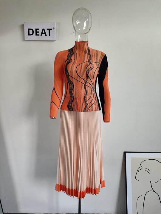 Fashion Loose Pleated Pants Sets O Neck Full Sleeves Print Top And Elastic Waist Color Block Spring