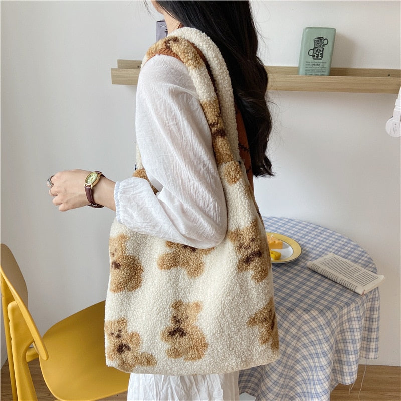 Women Lamb Like Fabric Shoulder Tote Bag Canvas Fluffy Fur Bear Handbags Large Capacity Soft Shopping Bags Girls Cute School Bag