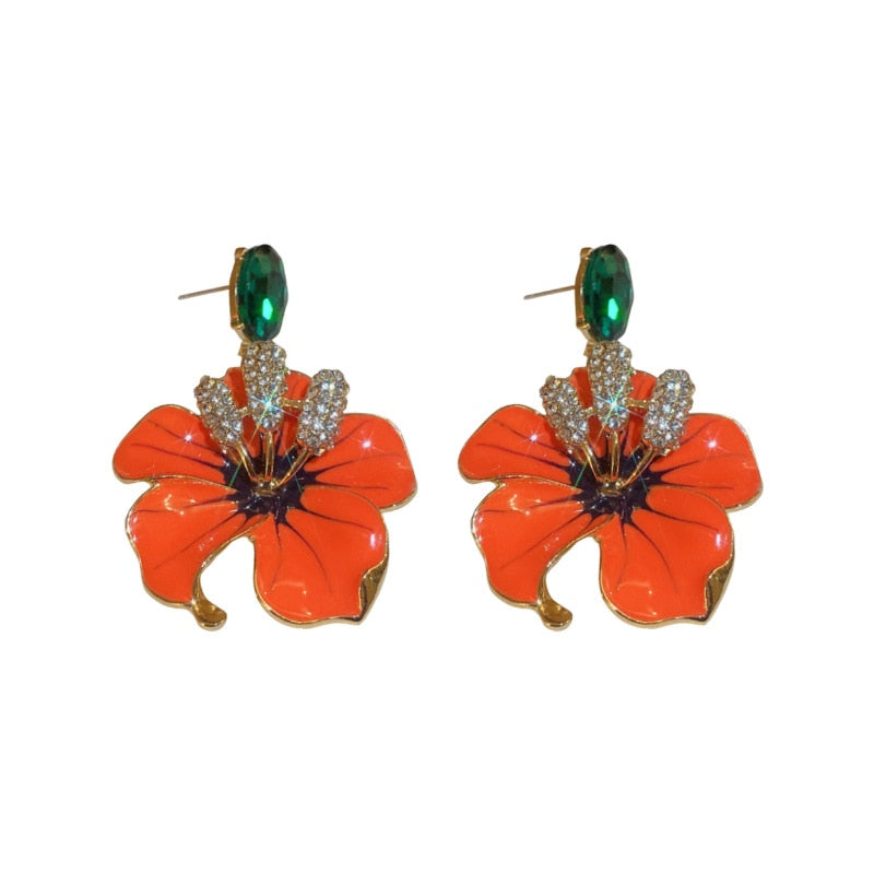 Minar Exquisite Orange Color Enamel Flowers Earring for Women Spark Rhinestone Floral Hanging Drop Earrings Party Daily Jewelry