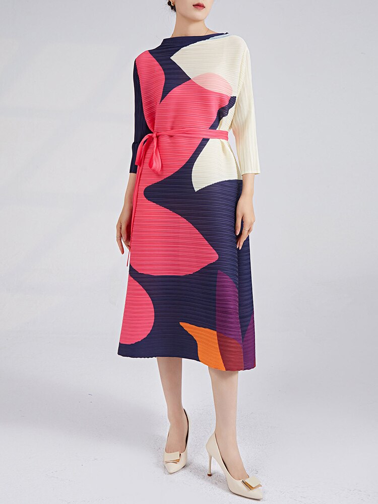 Pleated Belt Dress For Women Round Neck Long Sleeves Contrast Color Elegant Dresses Female Clothing