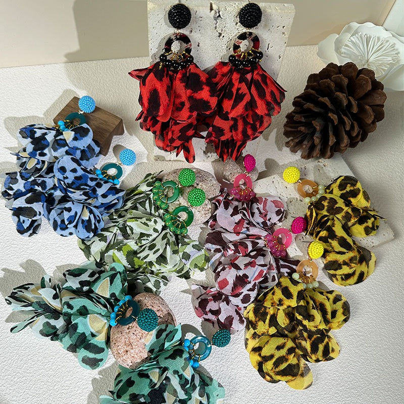 Handmade fabric floral earrings with exaggerated leopard print tassel earrings