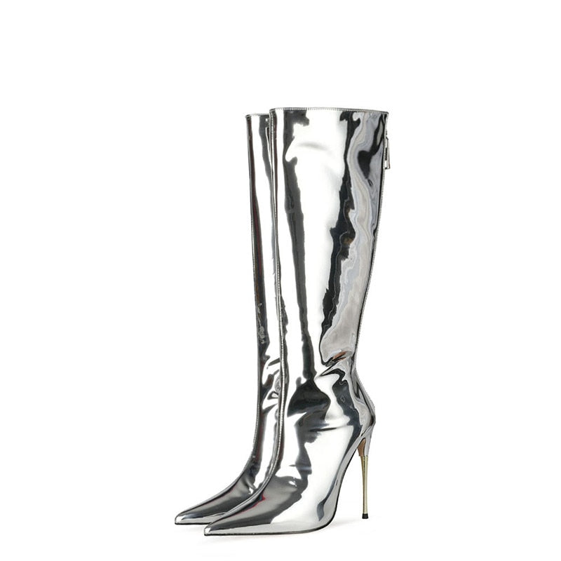 Classics Women High Heel Boots Patent Leather Back Zipper Square Toe Plush In Shoes Punk Style Knee-length Boots Female