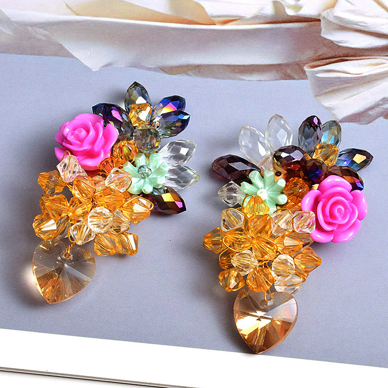 New European And American Style Colorful Flower Earrings Love Crystal Jewelry