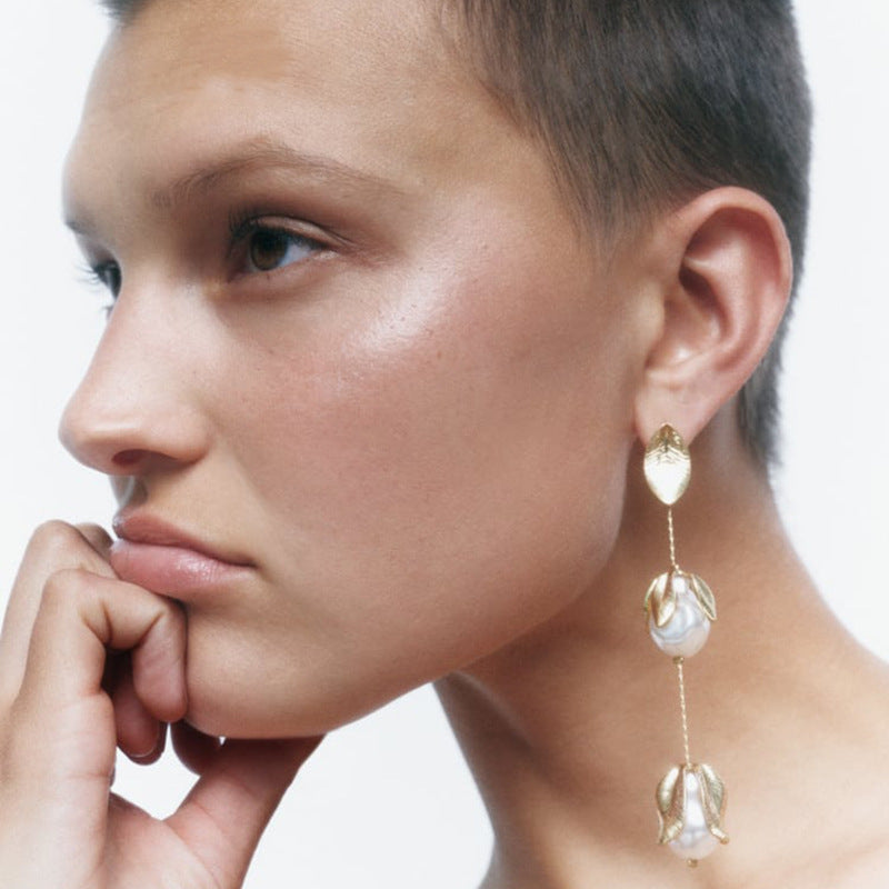 ZA Same Style Simple Artistic Temperament Artificial Pearl Petal Shaped Earrings Long Women's Dress Decorative Earrings