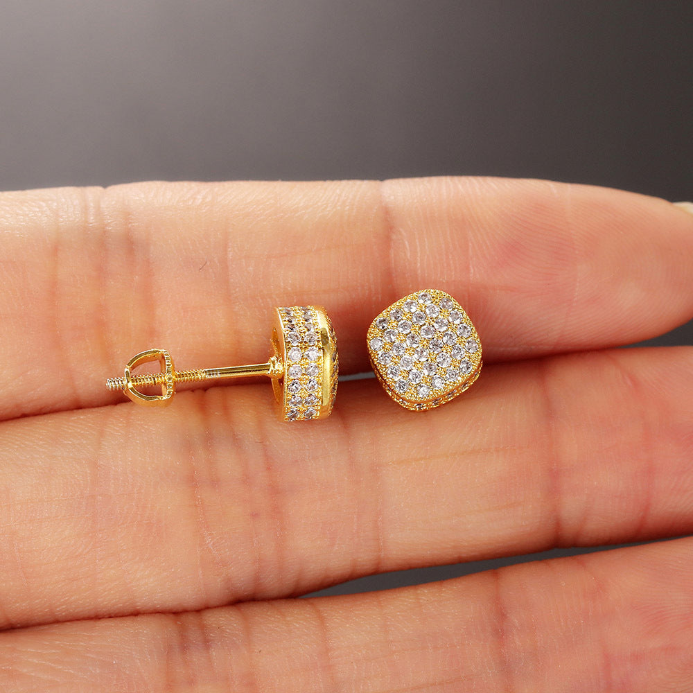Hip Hop Style Full Zircon Threaded Earrings Men's And Women's Geometric Round Full Diamond Gold-Plated Earrings Hiphop Fashion Jewelry