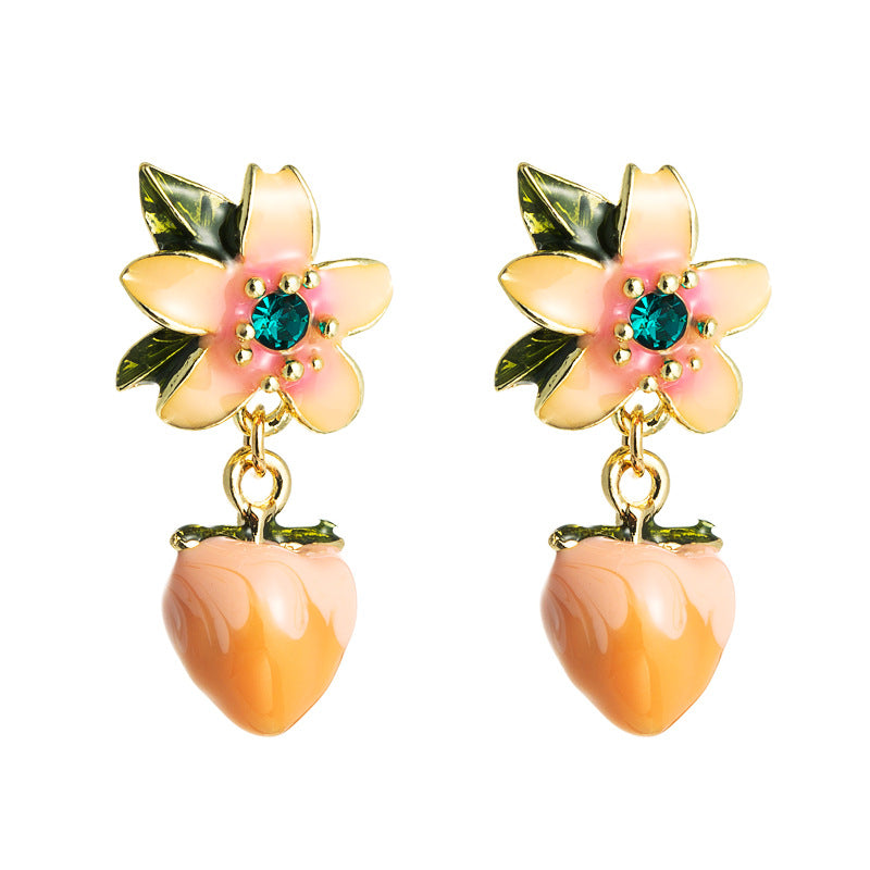 Peach Earrings Female New Net Red With The Same Korean Version Sweet And Cute Peach S925 Flower Temperament Earrings