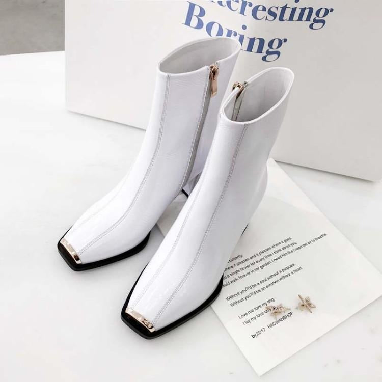 Women New Style Ankle Boots Ladies Square Toe High Heels Side Zipper Black White Thick Heel Patent Leather Winter Booties