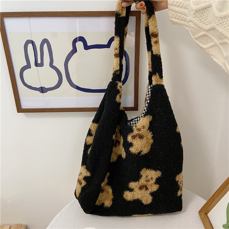 Women Lamb Like Fabric Shoulder Tote Bag Canvas Fluffy Fur Bear Handbags Large Capacity Soft Shopping Bags Girls Cute School Bag